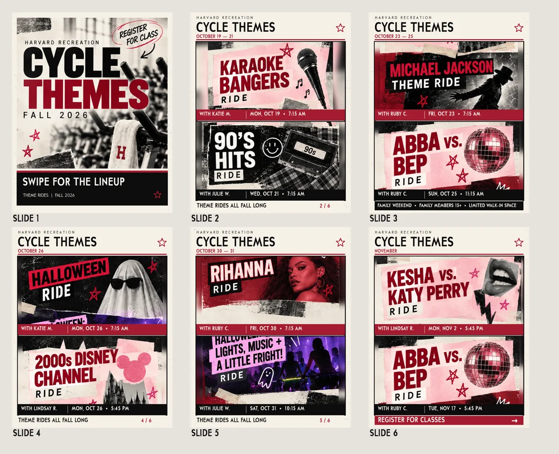 Harvard Recreation Cycle Themes carousel with crimson, black, and pink campaign graphics
